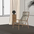 Stylish Accent Chair With Wooden Frame And Patterned Cushion In Minimalist Interior With Linen Curtains