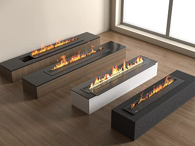 Modern Linear Fireplace Designs with Flames in Various Materials and Colors 3d model