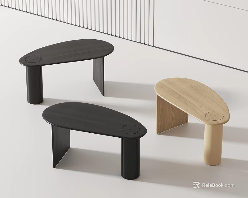 Three Modern Minimalist Curved Dining Tables In Black And Light Wood Tones 3d model 