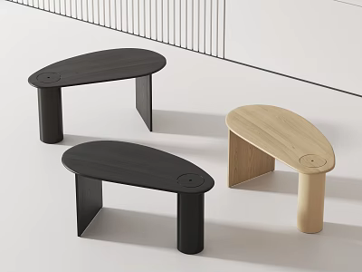 Three Modern Minimalist Curved Dining Tables In Black And Light Wood Tones 3d model