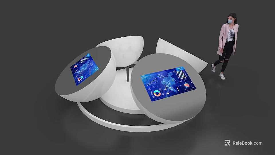 Modern Exhibition Island Featuring Circular Display Tables With Interactive Data Screens 3d model