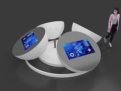 Modern Exhibition Island Featuring Circular Display Tables With Interactive Data Screens 3d model
