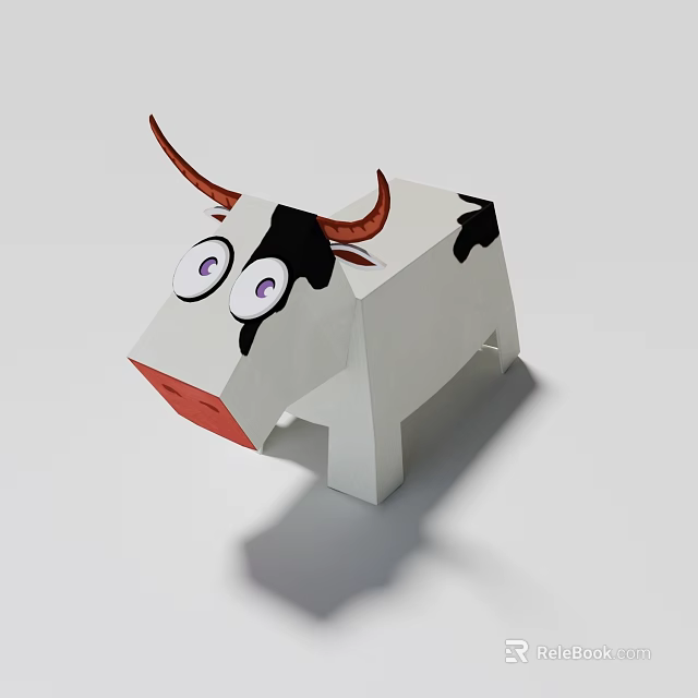 Cute Cartoon Paper Cow Model With Big Eyes Red Nose And Black White Body 3d model 