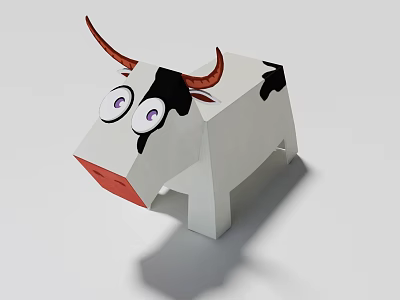 Cute Cartoon Paper Cow Model With Big Eyes Red Nose And Black White Body 3d model