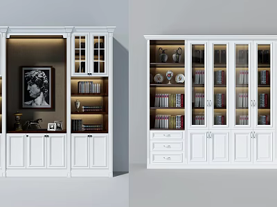 Modern White Bookcase Interior Design With Glass Doors Books Decorative Items And Drawers 3d model
