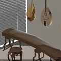 Traditional Musical Instruments Interior With Hanging Lutes Guzheng On Table And Wooden Stool