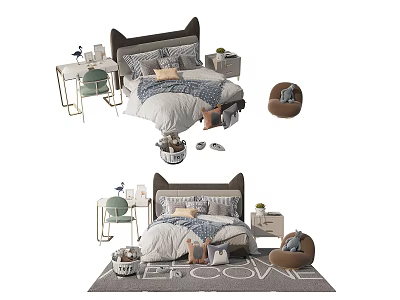 Cute Kids Bed With Cat Ear Headboard Soft Bedding And Welcome Rug 3d model