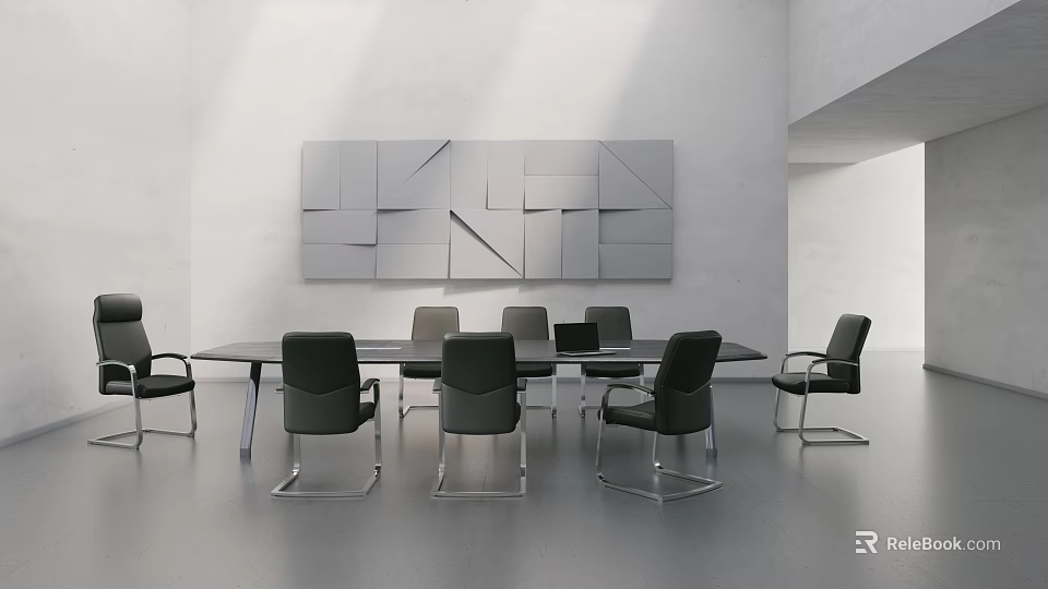 Modern Public Office Space With Long Conference Table Black Chairs And Geometric Wall Art 3d model 