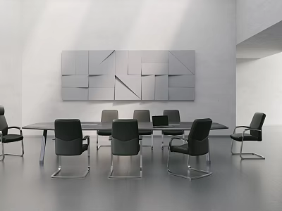 Modern Public Office Space With Long Conference Table Black Chairs And Geometric Wall Art 3d model