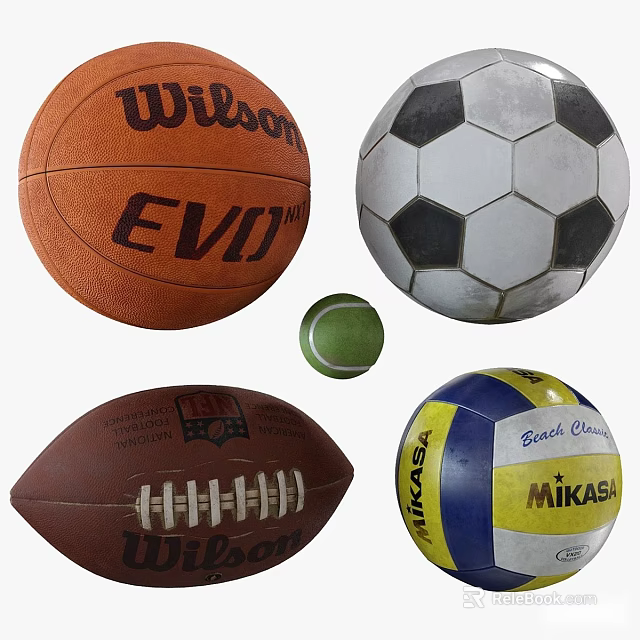Sports Equipment Collection with Wilson Basketball Soccer Ball Tennis Ball Football and Mikasa Volleyball 3d model 