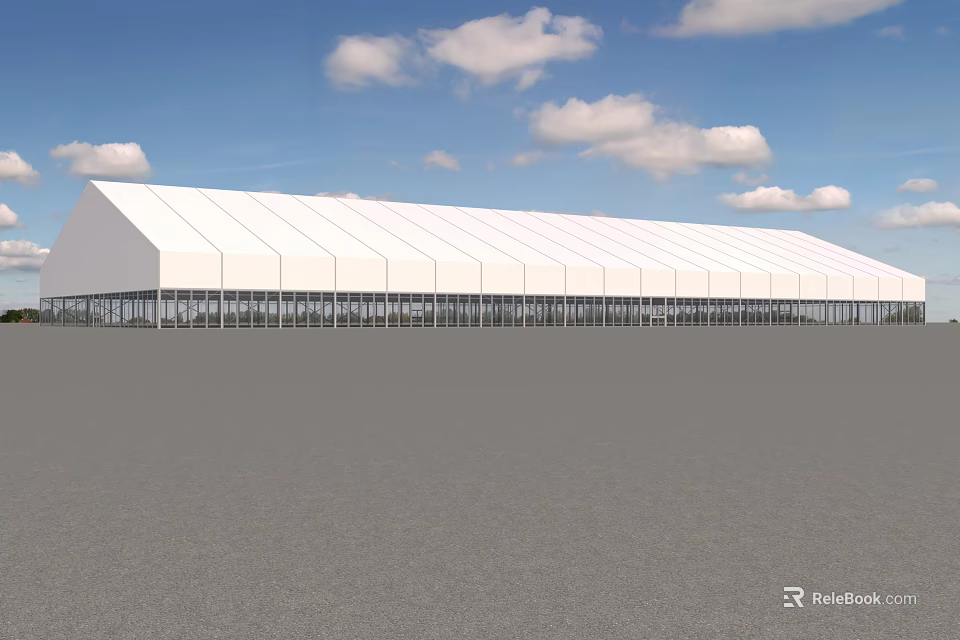 Large White Tented Structure Under Blue Sky With White Clouds On Open Gray Ground 3d model 