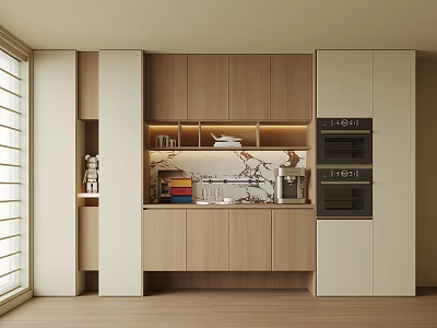 Elegant Modern Kitchen Interior With Wooden White Sideboard Storage Cabinets And Open Shelves 3d model