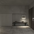 Modern Elevator Hallway Featuring Wooden Walls Gray Shelves Clay Pots Books And Stone Tile Floor