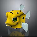 Yellow Pufferfish Character and Marine Creature Design with Black Spots White Fins and Green Eyes