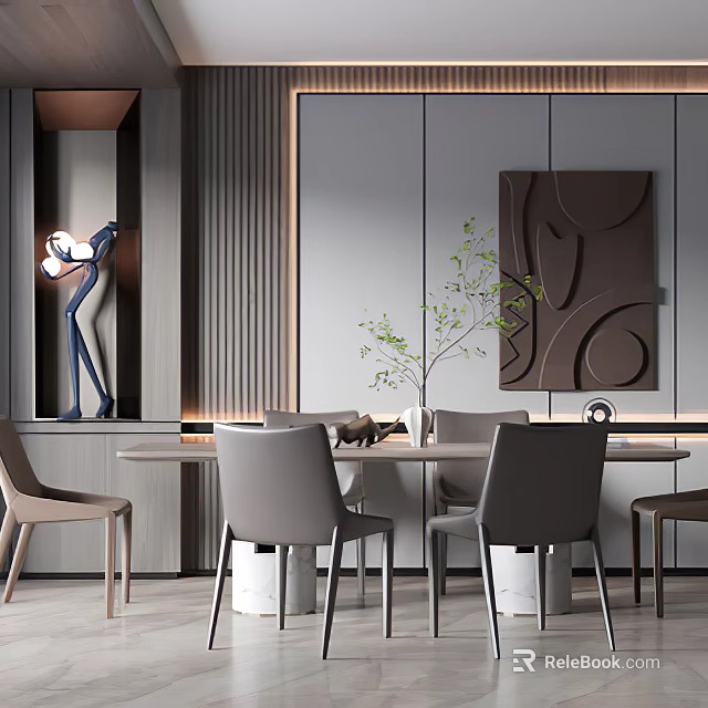 Elegant Modern Restaurant Interior With Dining Table Chairs Decorative Artwork And Lighting 3d model