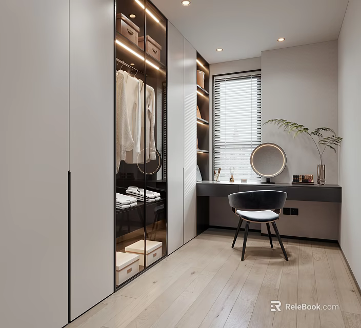 Modern Cloakroom Interior With Wardrobe Dressing Table Storage And Plant 3d model 