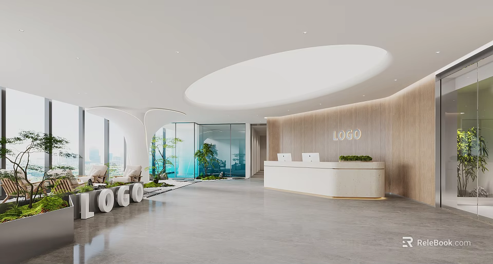 Modern Minimalist Office Reception Desk With Warm Wood Wall And Natural Greenery In Spacious Lobby 3d model 