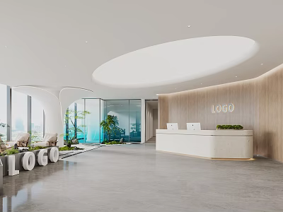 Modern Minimalist Office Reception Desk With Warm Wood Wall And Natural Greenery In Spacious Lobby 3d model