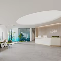 Modern Minimalist Office Reception Desk With Warm Wood Wall And Natural Greenery In Spacious Lobby