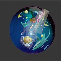 Cartoon Underwater Scene Inside Blue Sphere With Reaching Girl Glowing Moon And Marine Life
