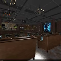 Industrial Style Bar Interior With Brick Walls Brown Sofas Chandeliers And TV Screen