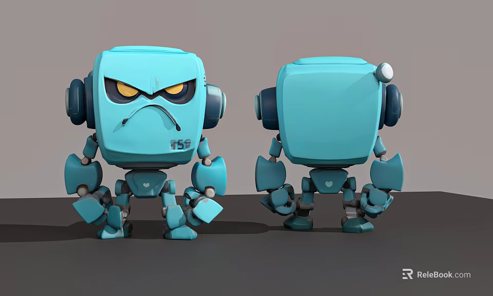 Blue Smart Robot Featuring Front And Back Views With Mechanical Design And Angry Expression 3d model 