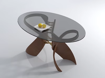 Modern Oval Coffee Table With Dark Glass Top And Curved Wooden Base Design 3d model