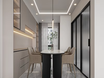 Modern Restaurant Interior With Round Dining Table Chairs Pendant Lights And Decorative Plant 3d model