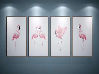 Four Pink Flamingo Paintings On Wall With White Background And Wooden Frames Illuminated By Lights 3d model