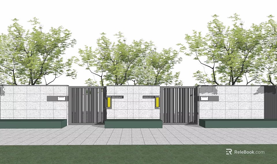 Contemporary Building Facade With White Green Finish Trees Gates And Paved Ground 3d model 
