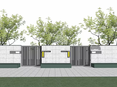 Contemporary Building Facade With White Green Finish Trees Gates And Paved Ground 3d model