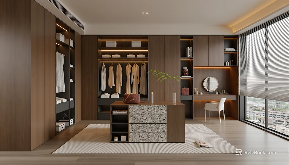Elegant Modern Walk-in Closet Interior With Wooden Cabinets Clothing Racks And Dressing Table 3d model 