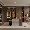 Elegant Modern Walk-in Closet Interior With Wooden Cabinets Clothing Racks And Dressing Table