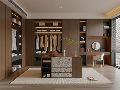 Elegant Modern Walk-in Closet Interior With Wooden Cabinets Clothing Racks And Dressing Table 3d model