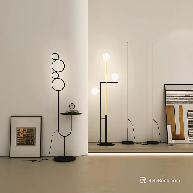 Modern Interior Design With Stylish Floor Lamps Geometric Shapes Decorative Frames And Side Table 3d model 