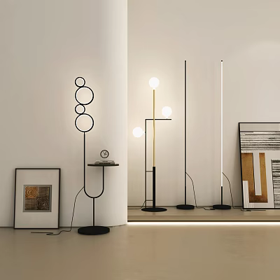 Modern Interior Design With Stylish Floor Lamps Geometric Shapes Decorative Frames And Side Table 3d model