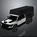 White Pickup Truck With Black Cargo Bed Roof And Six Off Road Tires