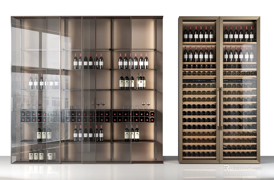 Modern Wine Cabinet With Glass Doors And Layered Shelves For Wine Bottles And Glasses 3d model 