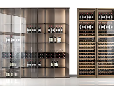 Modern Wine Cabinet With Glass Doors And Layered Shelves For Wine Bottles And Glasses 3d model