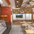 Warm Restaurant Interior With Wooden Tables Potted Plants Pendant Lights And Decorative Wall