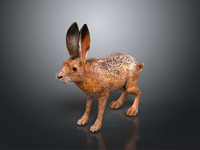 Detailed Brown Hare With Large Ears Standing On Dark Background 3d model