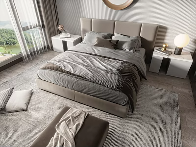 Modern Double Bed with Gray Headboard Cozy Gray Brown Bedding Nightstands and Scenic Window View 3d model