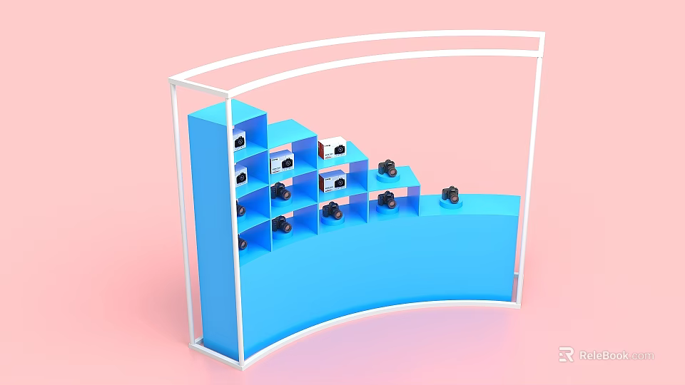 Blue Curved Event Display Wall With White Frame And Black Small Items On Pink Background 3d model 