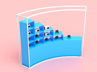 Blue Curved Event Display Wall With White Frame And Black Small Items On Pink Background 3d model
