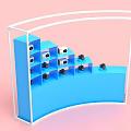 Blue Curved Event Display Wall With White Frame And Black Small Items On Pink Background