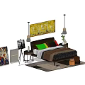 Double Bed With Colorful Pillows Nightstands Table Lamps Yellow Abstract Painting And Rug