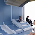 Modern Pergola Design With Wave Seating For People Relaxing Together
