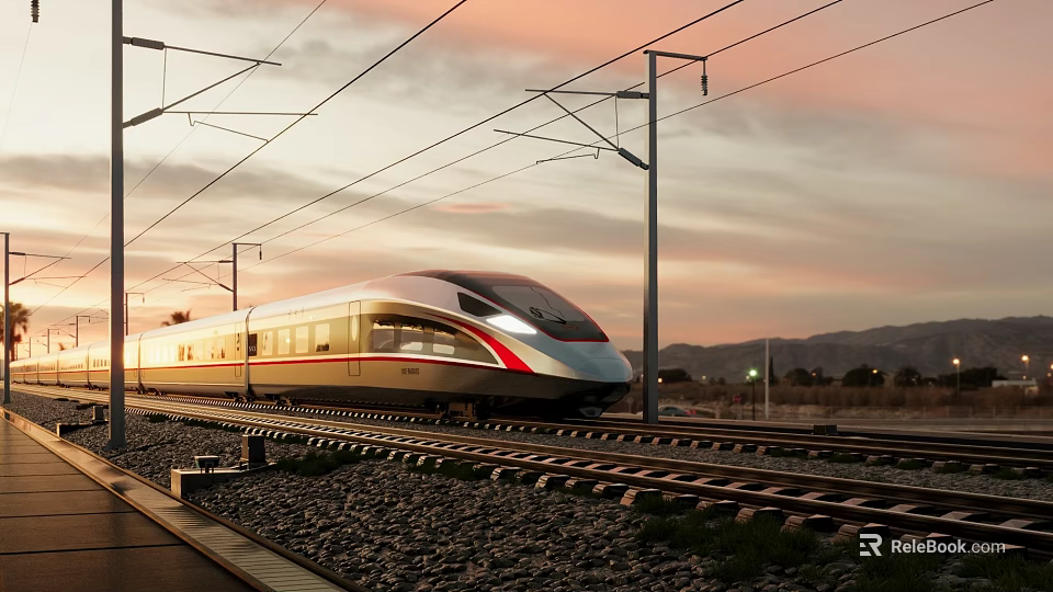 High Speed Railway Infrastructure With Rail Tracks Electric Poles And Sunset Mountain View 3d model 
