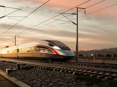 High Speed Railway Infrastructure With Rail Tracks Electric Poles And Sunset Mountain View 3d model