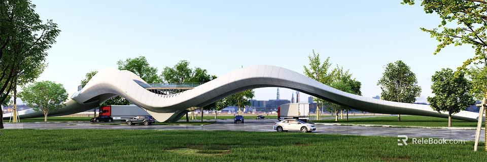 Modern Curved Bridge Design In Urban Landscape With Trees And Moving Cars 3d model 